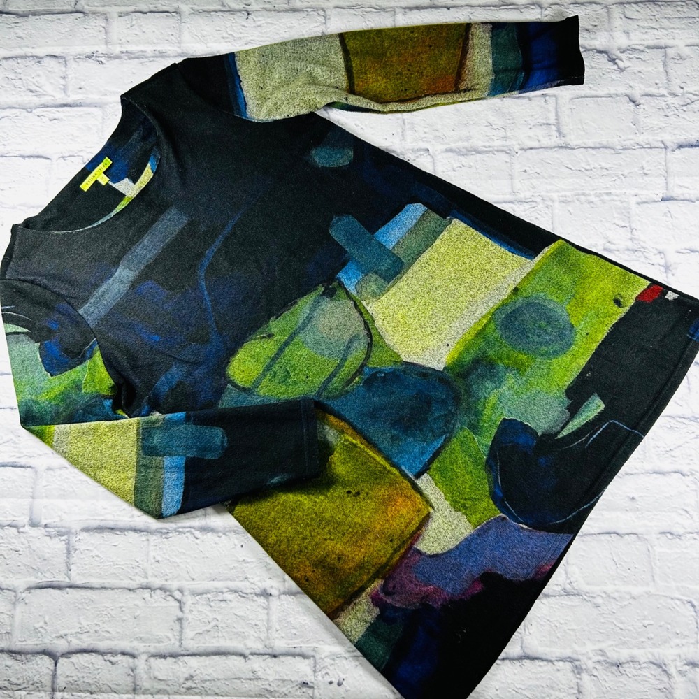 Trisha Tyler Womens Medium Art to Wear Abstract Tunic Top Blue Green Lined
